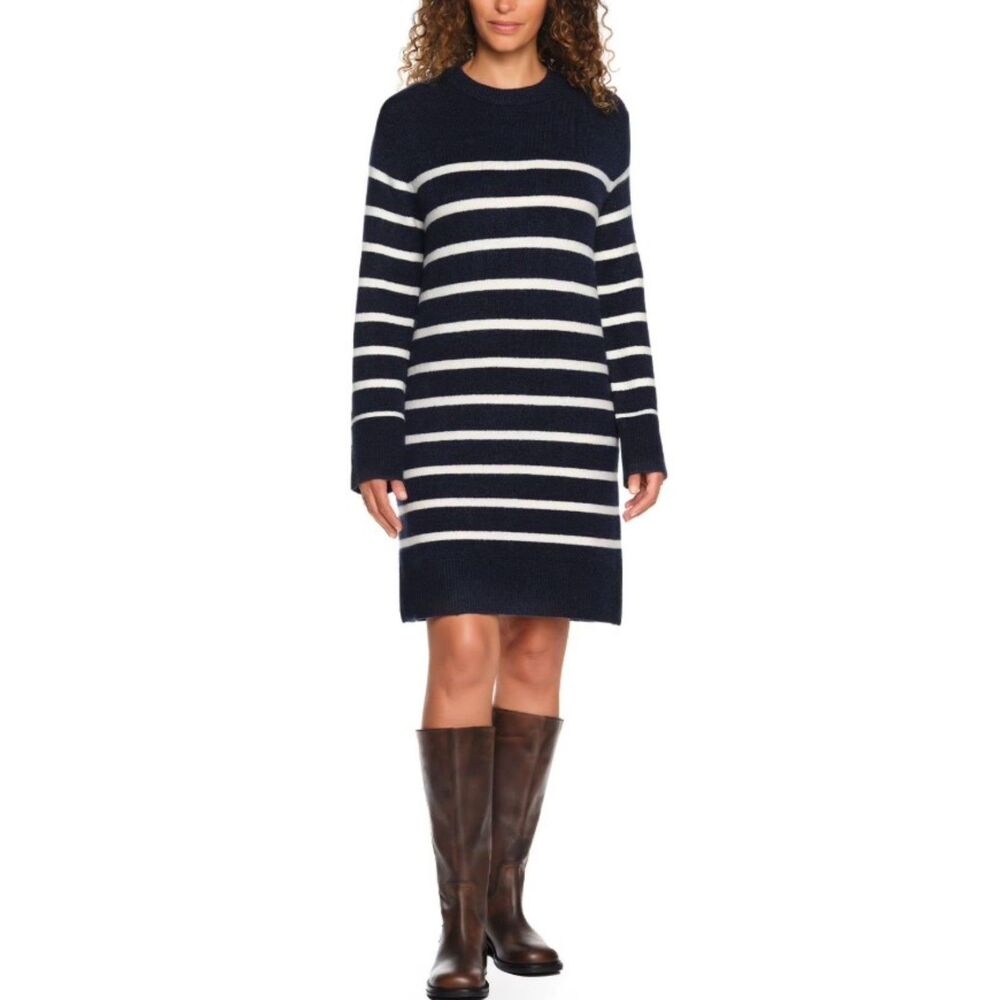 LANDS END Dark Blue Striped Sz Small Soft Stretchy Lightweight Sweater Dress NEW